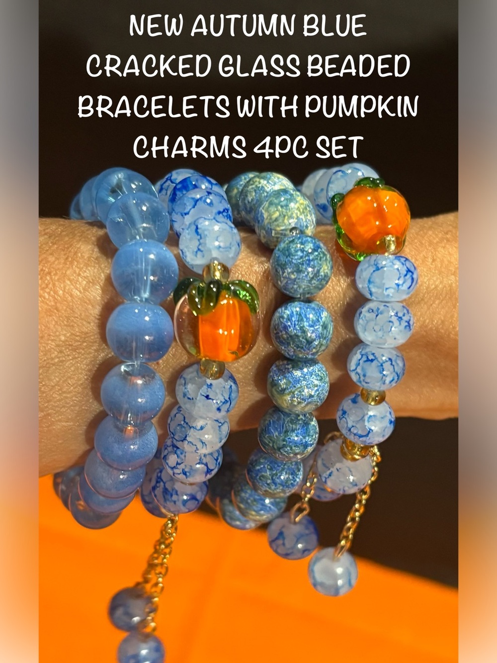 New Autumn Blue Glass Beaded Bracelet Set with Orange Pumpkin Charms